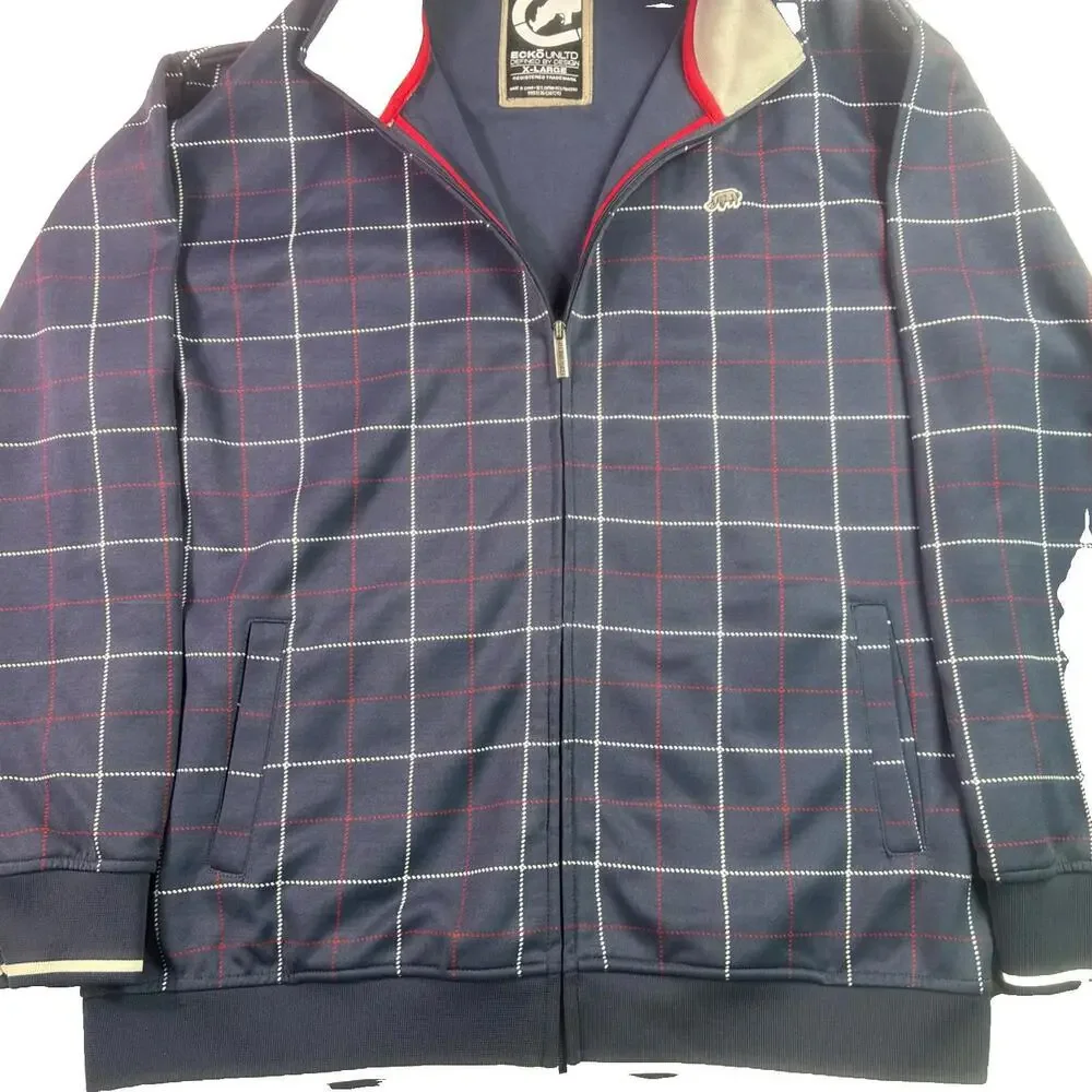 Ecko Unltd Track Jacket Mens XL Blue Plaid Full Zip Embroidered Hip Hop Y2K